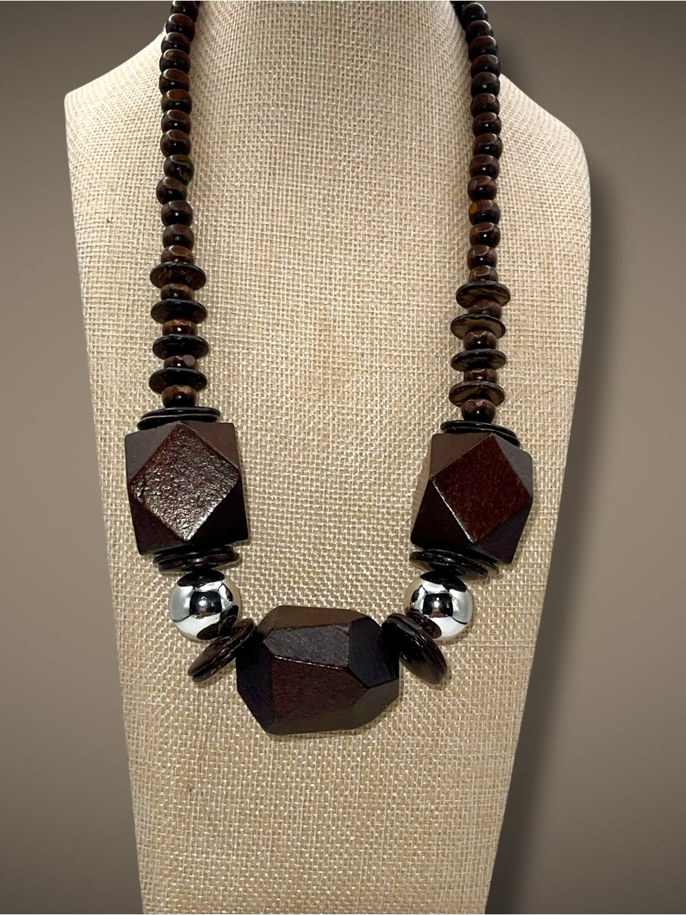 Chunky Geometric Wooden Statement Necklace Boho Brown Silver Accents